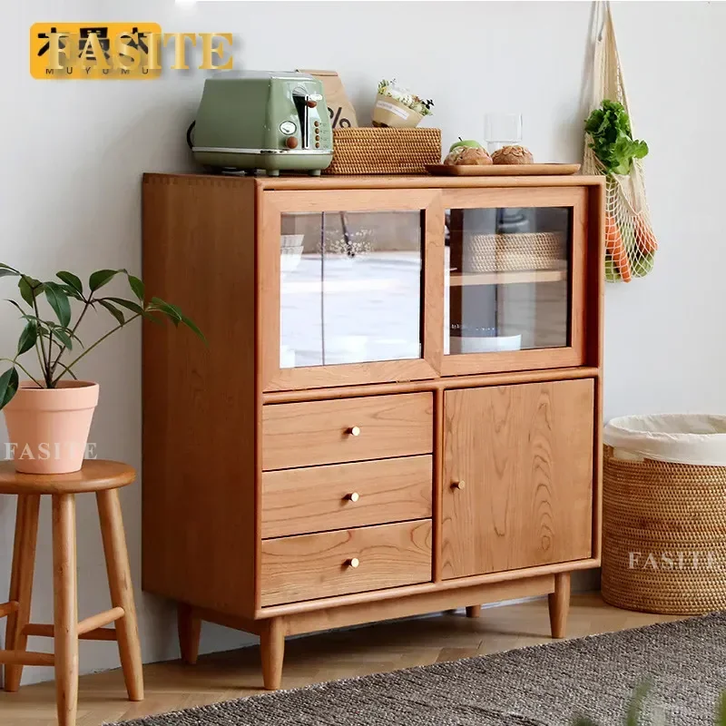 for Japanese Style Cherry Wood Dining Side Cabinet Solid Wood Nordic Small Apartment Furniture Simple Log Living Room Kitchen