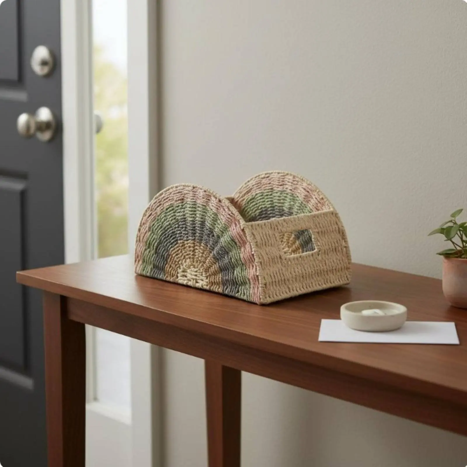 

Rainbow Woven Basket Bohemian Design Fan Shaped Storage Holder Paper Rope Organizer Basket Decorative for Entryway, Kids Room