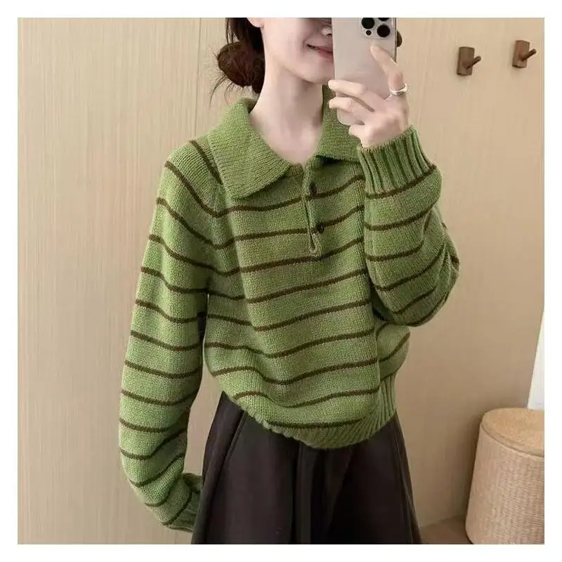 

Thick Soft Sweater Knit Women Spring and Autumn Outerwear Striped Polo Collar Lazy Relaxed Loose Fit Hot Selling Fashion Top