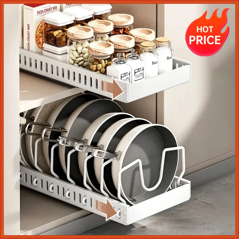 Hot SaleMultifunctional Pull-out Sliding Kitchen Storage Rack Drawer Organizer for Pan Lids Spices Bowls Plates Cookware Storage