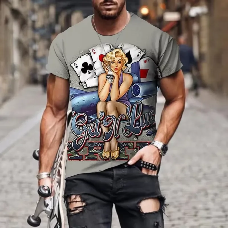 2026 Fashion Street Motorcycle Beauty Image Print Men's T-Shirt with Cool Street Element Design O-Neck Casual Top