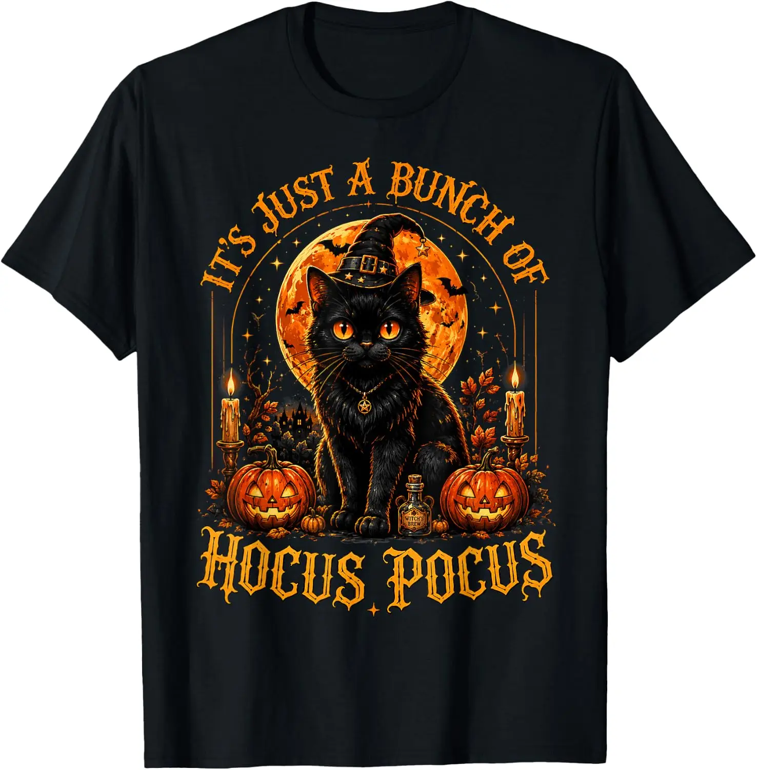 Its Just A Bunch Of Hocus Pocus Black Cat Witch Halloween T-Shirt Men Women Unisex Novelty Graphic T‑Shirt, Classic Crew Neck 100% Cotton Tee, Lightweight Anti‑Pilling Breathable Casual Tops, Year‑Round Daily Outfit, Holiday Birthday Present Tee