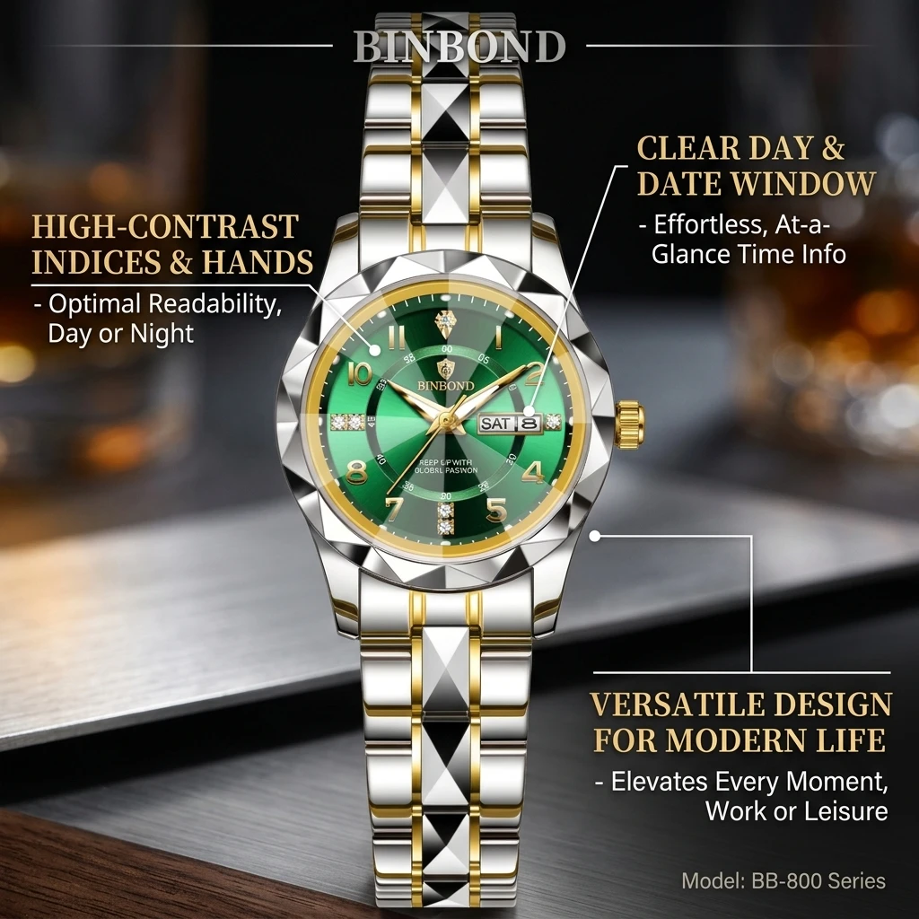 1pcs Women's Watch Green Dial Two-Tone Metal Strap Date & Week Display Exquisite Dial Stylish Versatile Temperament