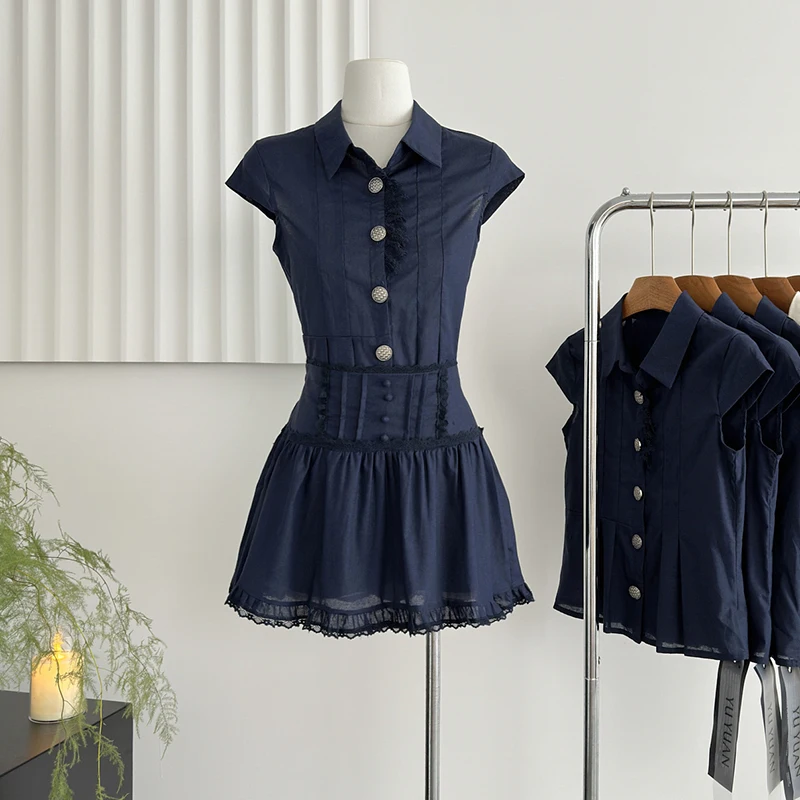 

Korean Fashion Two Piece Sets Women Short Sleeve Single Breasted Short Tops and A Line Mini Skirt Set Female Summer New Outfits
