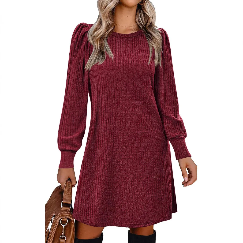 Winter Ladies Dress Round Neck Style Hollow Solid Color Long-sleeved Dress Women's Office Commuting Versatile Outdoor Long Dress