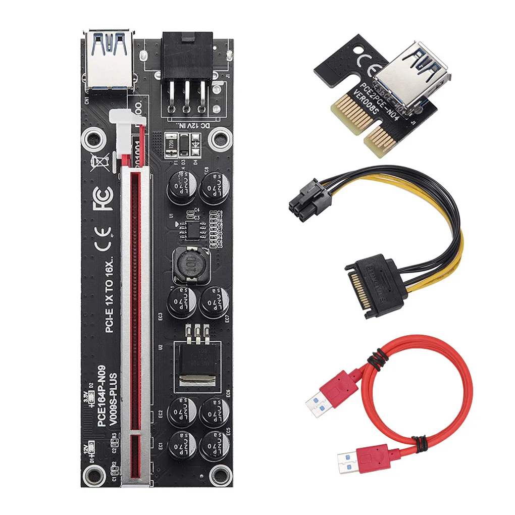 PCI-E Riser Board with LED Dynamic Light PCI-Express 6 Pin Extender with 8 Solid Capacitors, Red Slot, Black USB