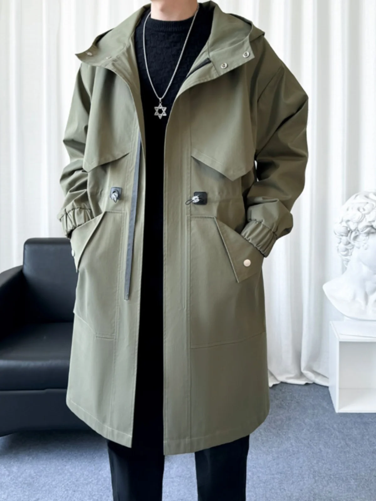 

Korean Sle Men's Mid-Length Jaet Coat Spring Autumn New Simple Casual Trendy Loose Hooded Jaet Versatile for Teens