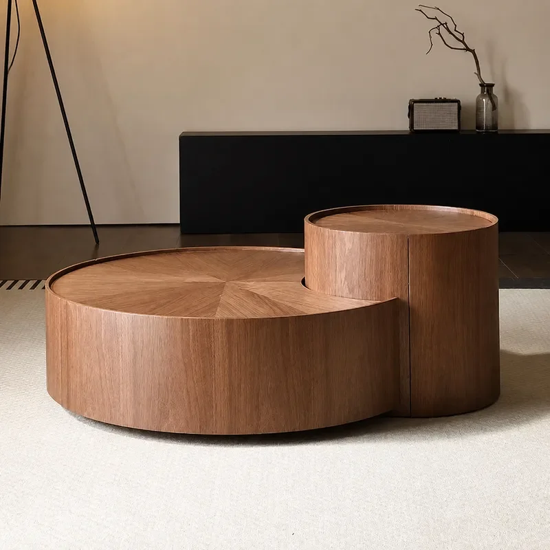 Living Room Modern Walnut Coffee Table Set High Low Round Nesting Tables with Storage Function Household Furniture