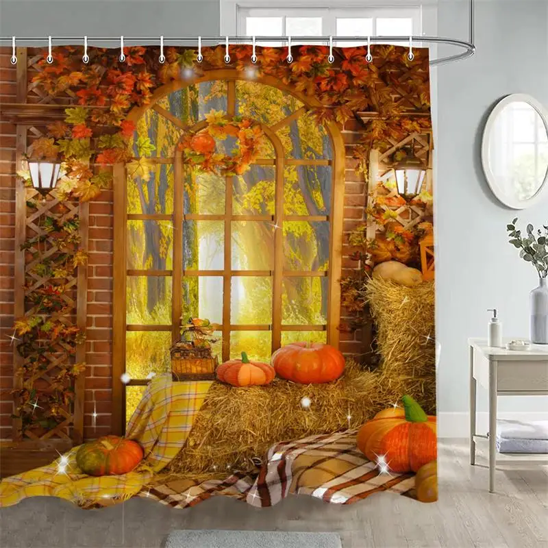 Autumn Barn Shower Curtain Sunflower Pumpkin Red Maple Leaves Fall Farm Landscape Bath Curtains Fabric Home Bathroom Decor Set