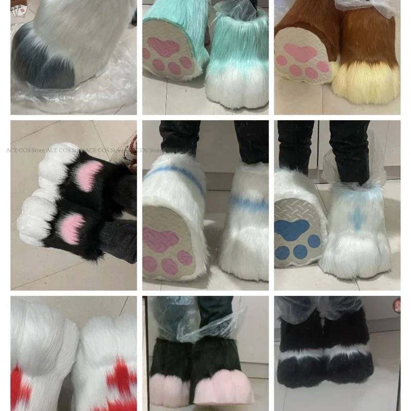 Fursuit-Botas peludas para Cosplay Unisex, zapatos de pata, botas de gato Rubbit, lindo y esponjoso, Manga de Animal, disfraz usable, fiesta Cos