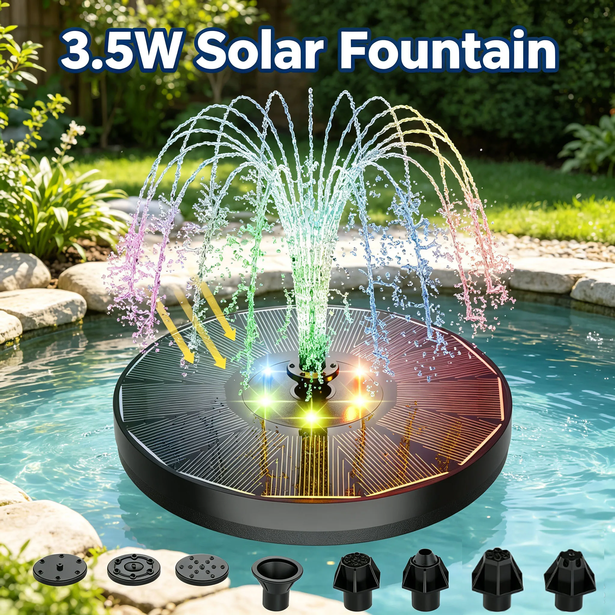 2.5W Solar Powered Fountain Bird Bath Fountains Pump with Color LED Lights 8 Nozzles for Garden Pond Outdoor Swimming Pool