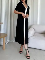 Sexy aderente in maglia Maxi vestito nero bianco manica corta abiti lavorati a maglia donna coreano elegante abiti lunghi estivi per le donne 2024