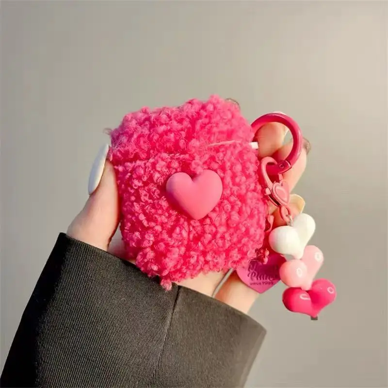 

For Apple AirPods 4 3 2 1 Pro 2 Case Rose Red Plush Three-dimensional Love Headphone Protective Cover with Pendant