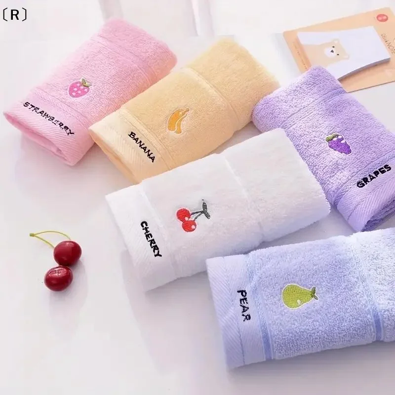 〔R〕Set Of 5 Soft Cotton Embroidered Fruit Themed Hand Towels - Ultra Soft, Absorbent And Quick Drying Face Towel With Design