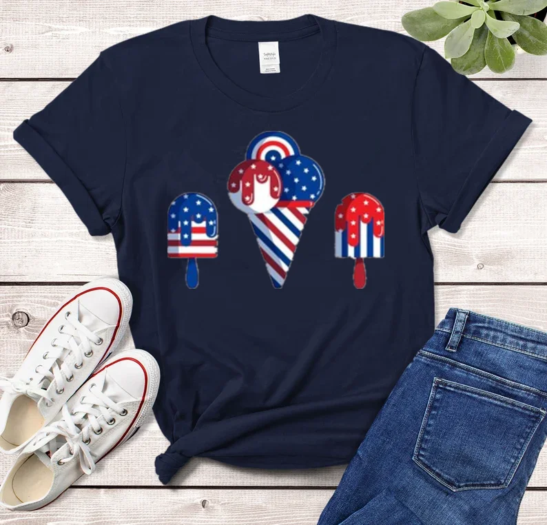 American Flag Themed Popsicle Shirt, 4th Of July Gift For American Independence Day Short Sleeve Top Tees O Neck 100% cctton y2k