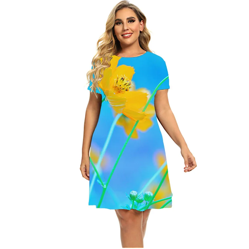 Vestidos con estampado de flores rosas para mujer, minivestido holgado informal de manga corta, cuello redondo, corte en A, talla grande 6XL