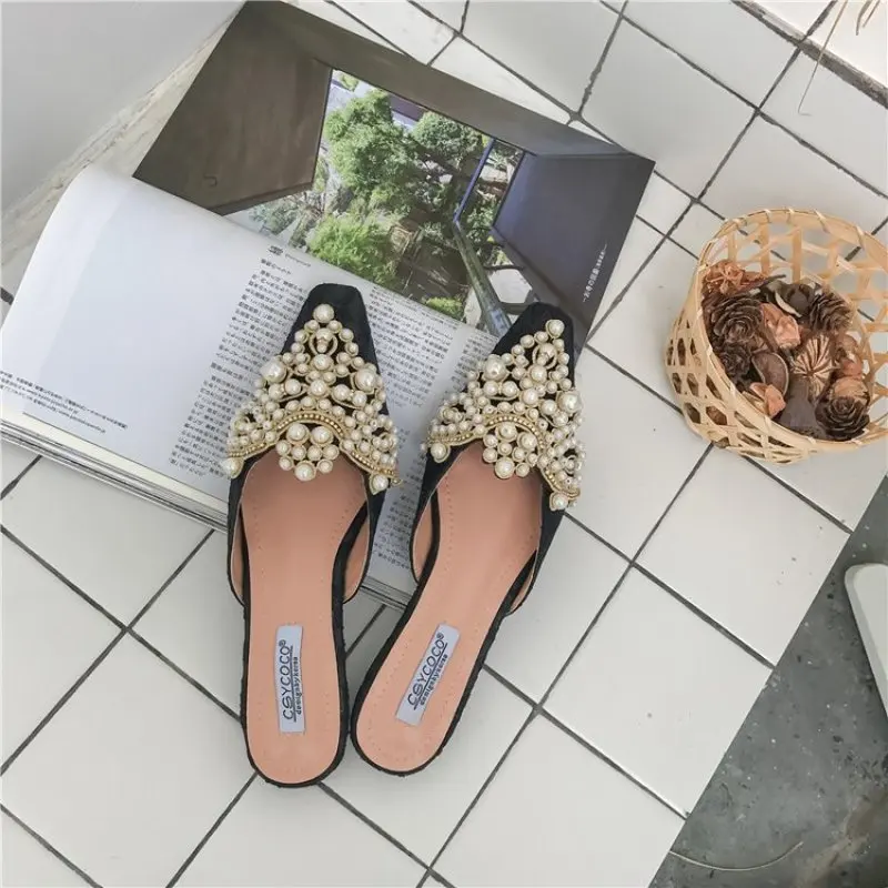 Ballets Slippers Women Imitation Pearl Pointed Toe Mules Sandals Shoes Female Crystal Summer Casual Flat Shoes