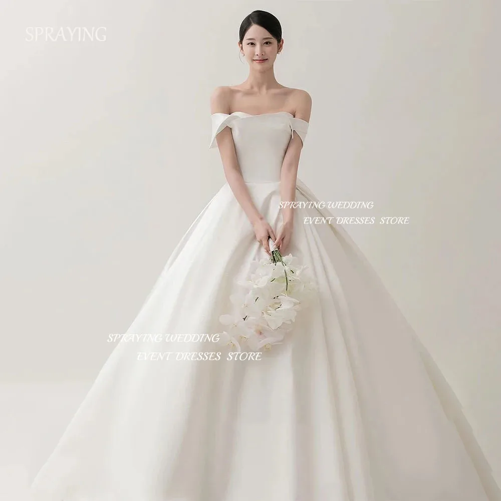 

SPRAYING Simple Off Shoulder Wedding Dress A Line Floor Length Bridal Gown Satin Korea Women Photo Shoot Dresses Corset Back