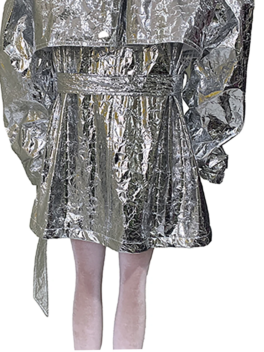 Spring Autumn Cool Oversized Shiny Silver Trench Coat for Women Belt Long Sleeve Loose Luxury Designer Clothes Y2K Streetwear