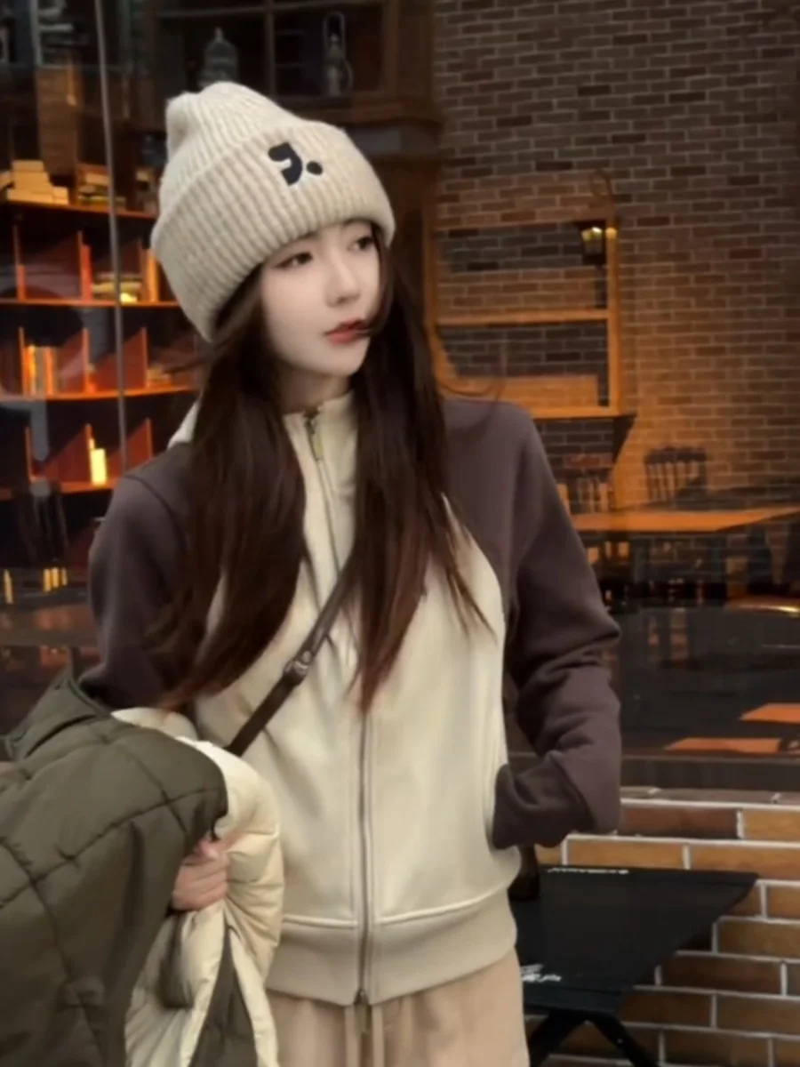 

BaiXue Recommended Heart Matters Autumn Winter Versatile Splicing Color Blo Hooded Open Cardigan Long Sve Fce Sweat...