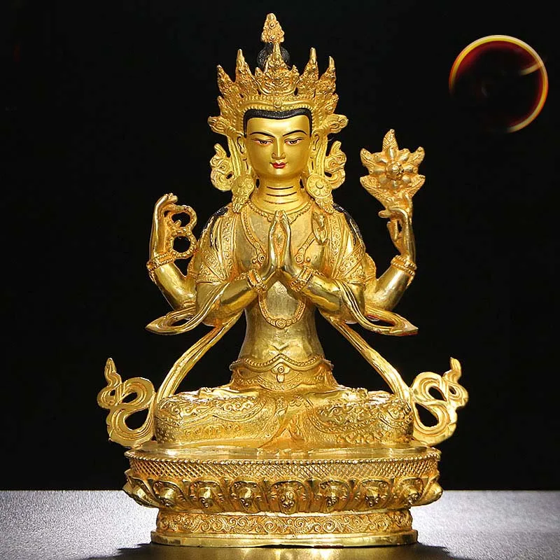 30cm large Buddhist supplies Temple buddha statue Four arm Avalokitesvara all-powerful Gold plating copper