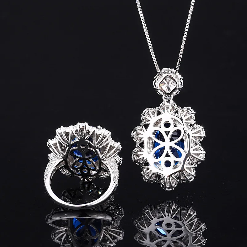 Jewelry S925 Full Silver Tanzanite Sapphire Pendant Ring Set Large Oval Main Stone 12*16