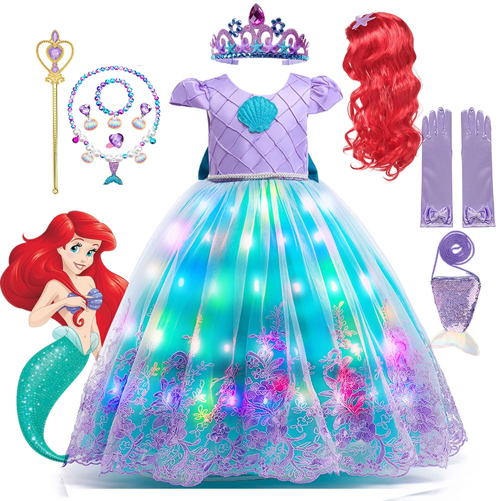 

Disney Mermaid Ball Gown Costume For Girl LED Light Up Ariel Cosplay Dress Children Fancy Birthday Party Princess Dress Luxury