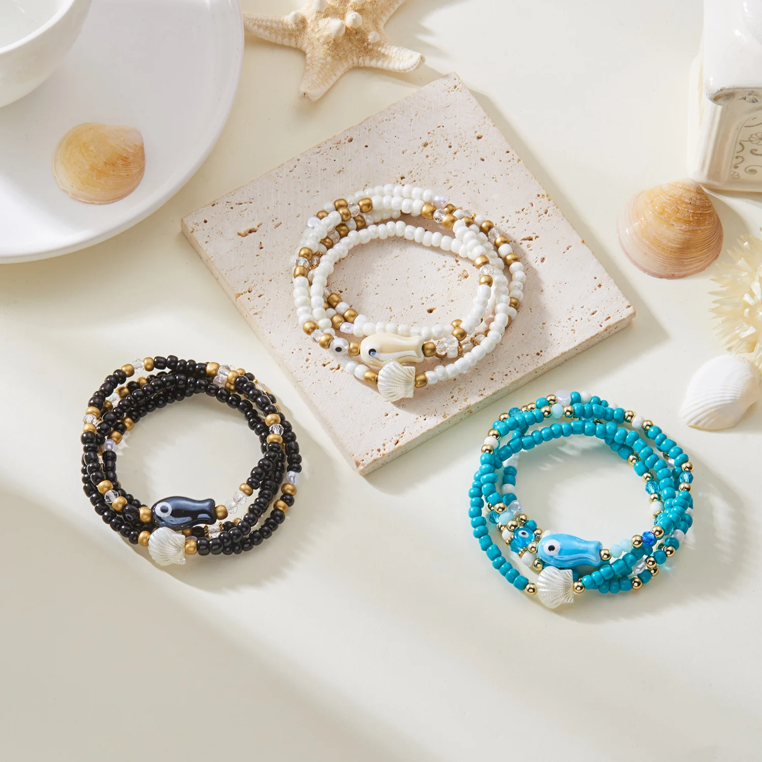 Böhmisches mehrschichtiges Perlenarmband-Set für Frauen, Sommer, Ozean, Strand, Muschel, Fisch, böser Blick, elastisch, stapelbar, Armreifen, Schmuck, Geschenk – Detail 3