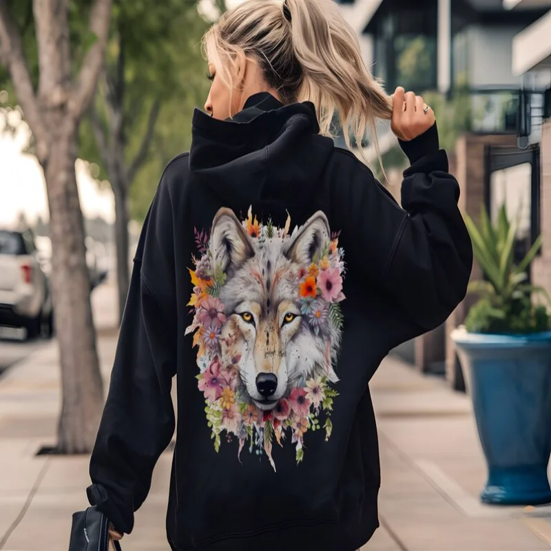 

Толстовка с головой волка в стиле ретро, винтажный цветочный художественный дизайн для женщин и мужчин, уличная одежда, удобная толстовка из полиэстера с капюшоном