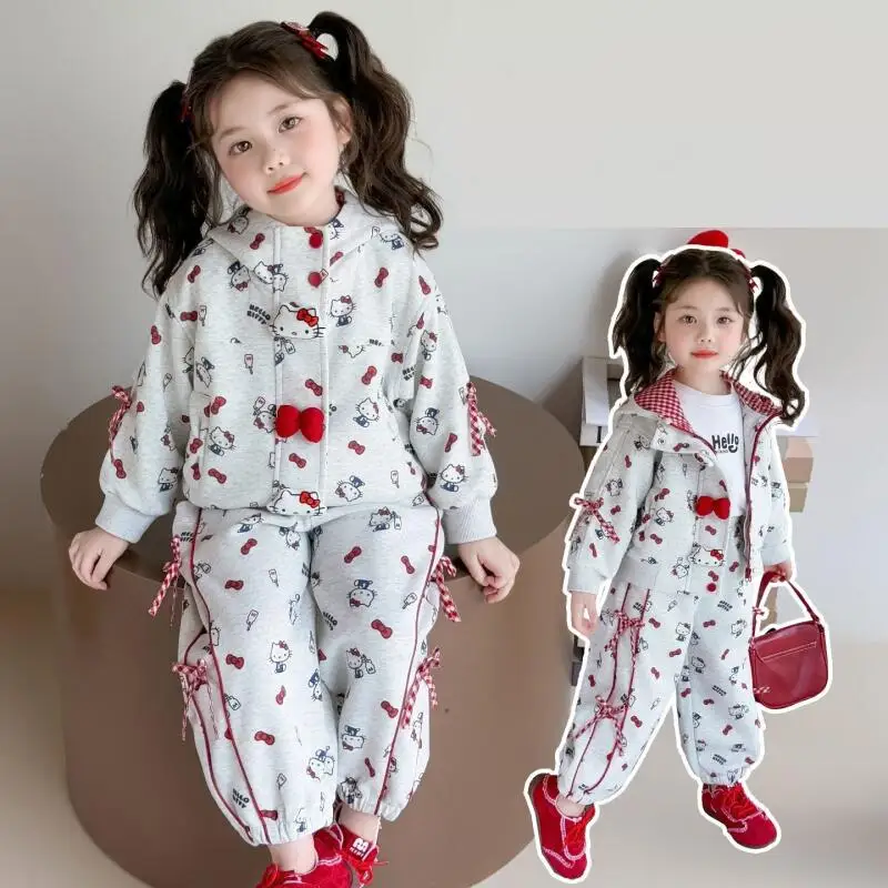 

Sanrio Hello Kitty Hoodie Pants Two-Piece Set Girl Spring Autumn Tops Coat Child Sportswear Kawaii Anime Fashion Casual Clothing