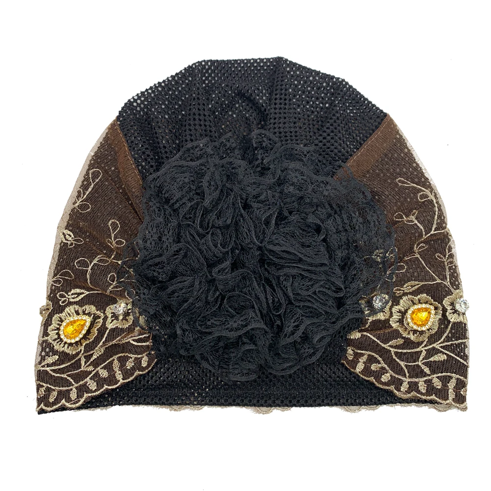 Embroidery Beading Women\'s Lace Turban Cap Muslim Women Summer Head Cover Caps Islamic Headwear Bonnet Female Head Wraps