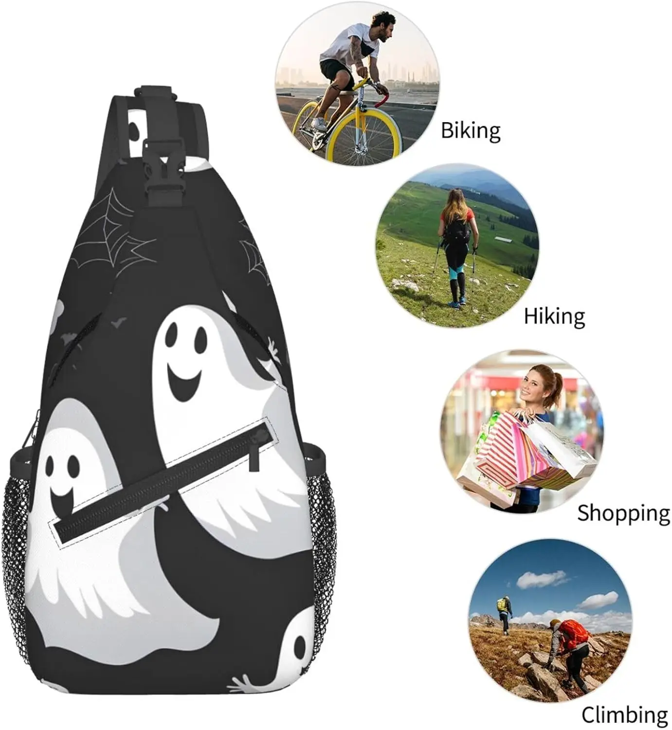 Cross-borsttas diagonaal - Kwaliteit, duurzame en ruime schoudertas voor mannen en vrouwen, zwarte en Halloween-spookprints