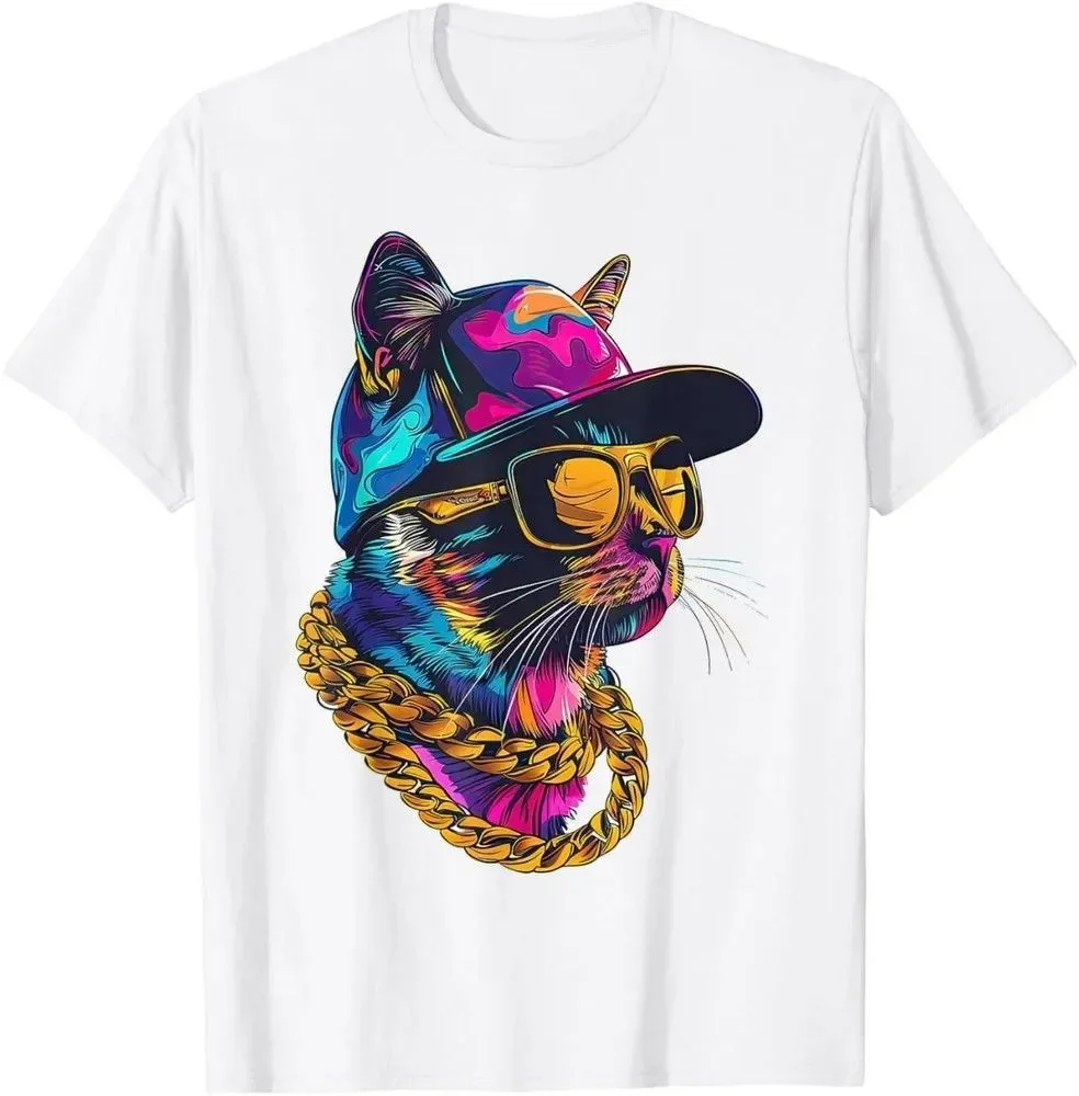 Men's Hip-Hop Cat Pattern T-Shirt Neon Gradient Gold Chain Sunglasses Print, Urban Street Casual Crew Neck Women And Men T-shirt