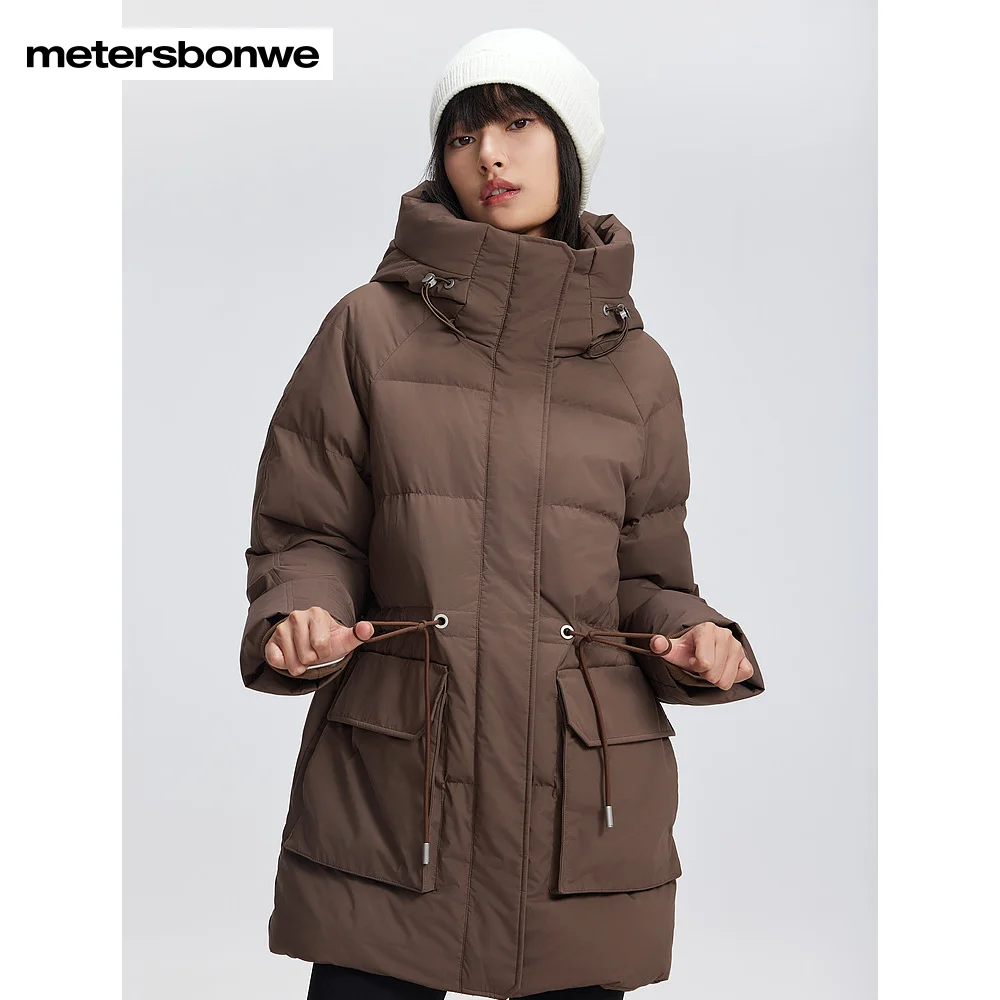 

Metersbonwe-Women's Adjustable Waist Drawstring Down Jacket Puffer 85% Duck Down Hooded Design Warm High Quality Winter