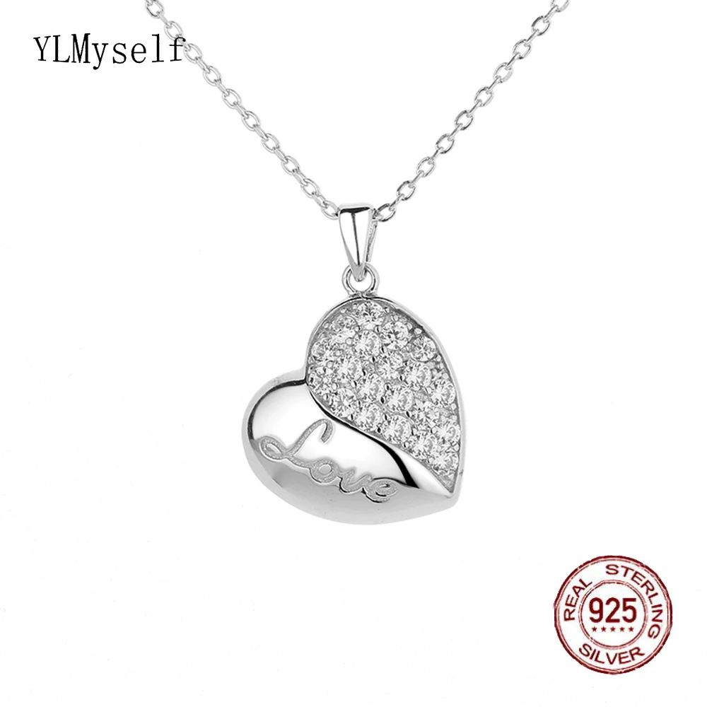 

Real Solid 925 Silver Heart Pendant Necklace Pave Shiny Cubic Zircon Cute Lovely Fine Jewelry Birthday gift for Wife