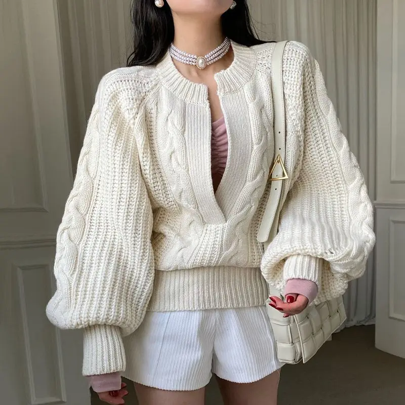 Korean Fashion Unique Neckline Fried Dough Twist Pullovers Tops Women'S Clothing  V-Neck Lantern Sleeve Knitted Sweater Loose