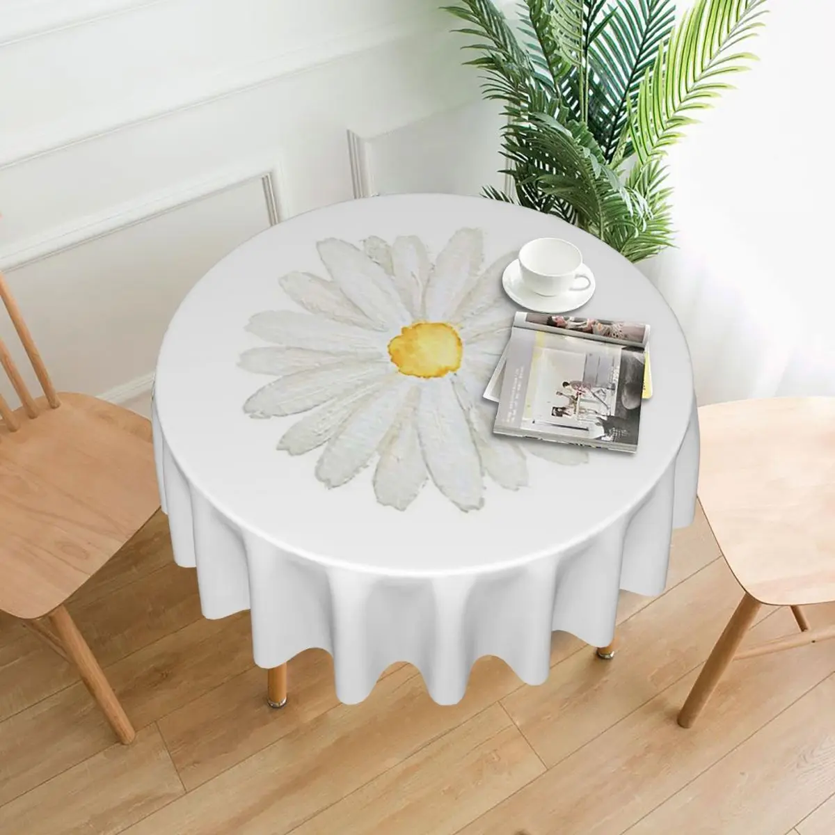 Hand Painted One Little White Daisy Watercolor Waterproof Round Tablecloth Oilproof Table Cloth Dining Table