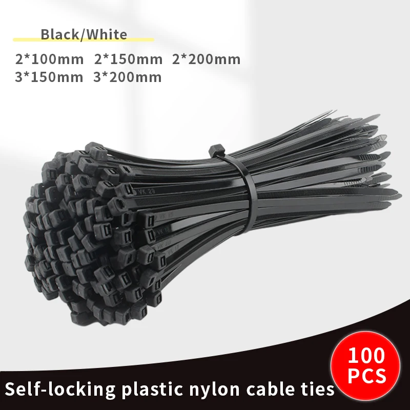 100Pcs 2*100mm 3*200mm White Black Self-Locking Plastic Nylon Cable Ties Wire Zip Ties Strong Convenient