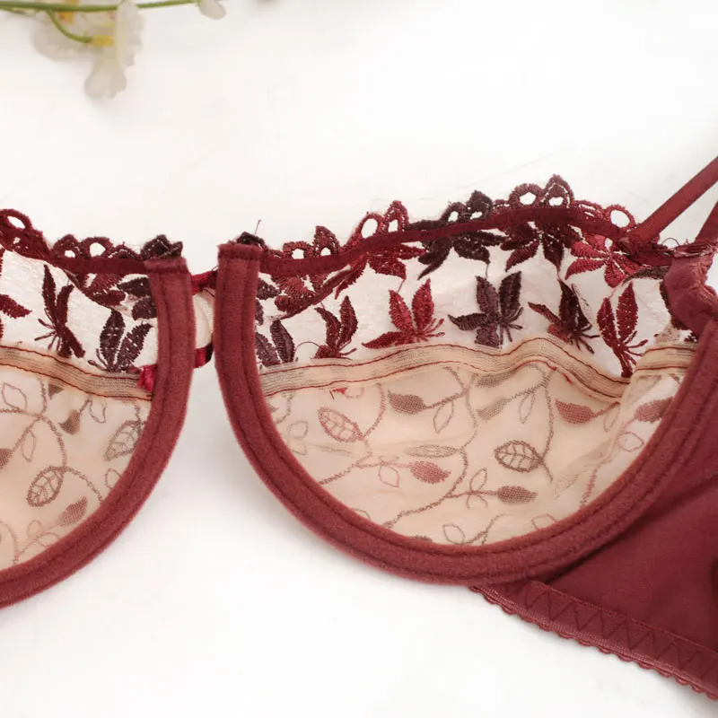 MOYISU Christmas Burgundy Lingerie Set Burgundy Sexy Mesh Lace Push-up Adjusting Bra Embroidery Ultra Thin Bra for Women