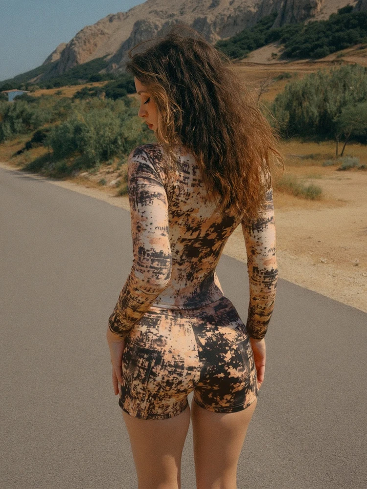 

Insglas Autumn Hipster Tie-Dye Print Women 2 Piece Set Zip-up O-neck Coats+Mini Shorts Attractive Skinny Festival Party Outfits