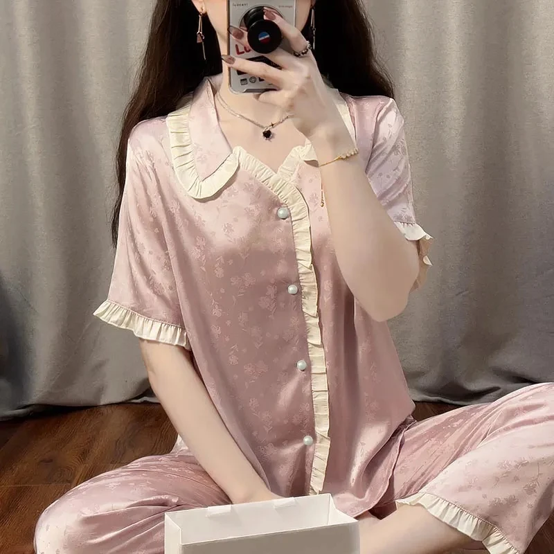 Korean Fashion Silk Pajamas Women Short-sleeved Top Pants Pajama Sets Print Loungewear Luxury Brand Sleepwear Women Clothing