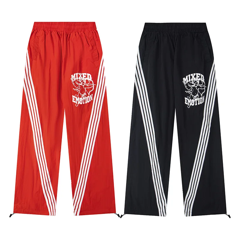 

All Seasons Jogger Drawstring Diagonal Striped Nylon Quick Drying MIXED EMOTION Sweatpants Men Women Oversized Black Red Pants