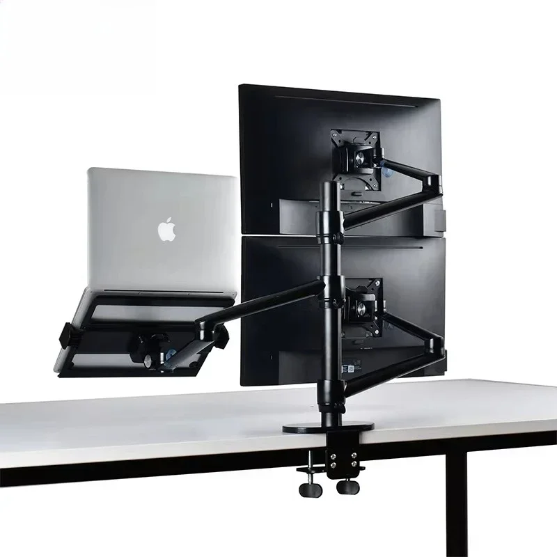 Aluminum dual-monitor arm desktop-mount laptop tray holder for 32-inch screens and 17-inch PCs