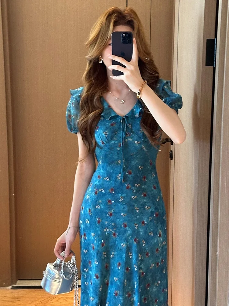 

Blue Floral V-Ne Puffy Sve Long Dr Women's Summer Slimming Waist Cinched Casual Knot High Waist A-Line Skirt