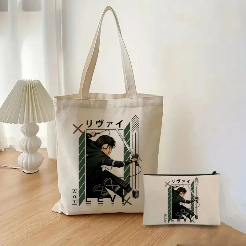 2pcs/set Attack on Titan Fashion Ladies Handbag Cosmetic Bag Canvas Shoulder Bag Eco-friendly Large Capacity Travel Shopping Bag