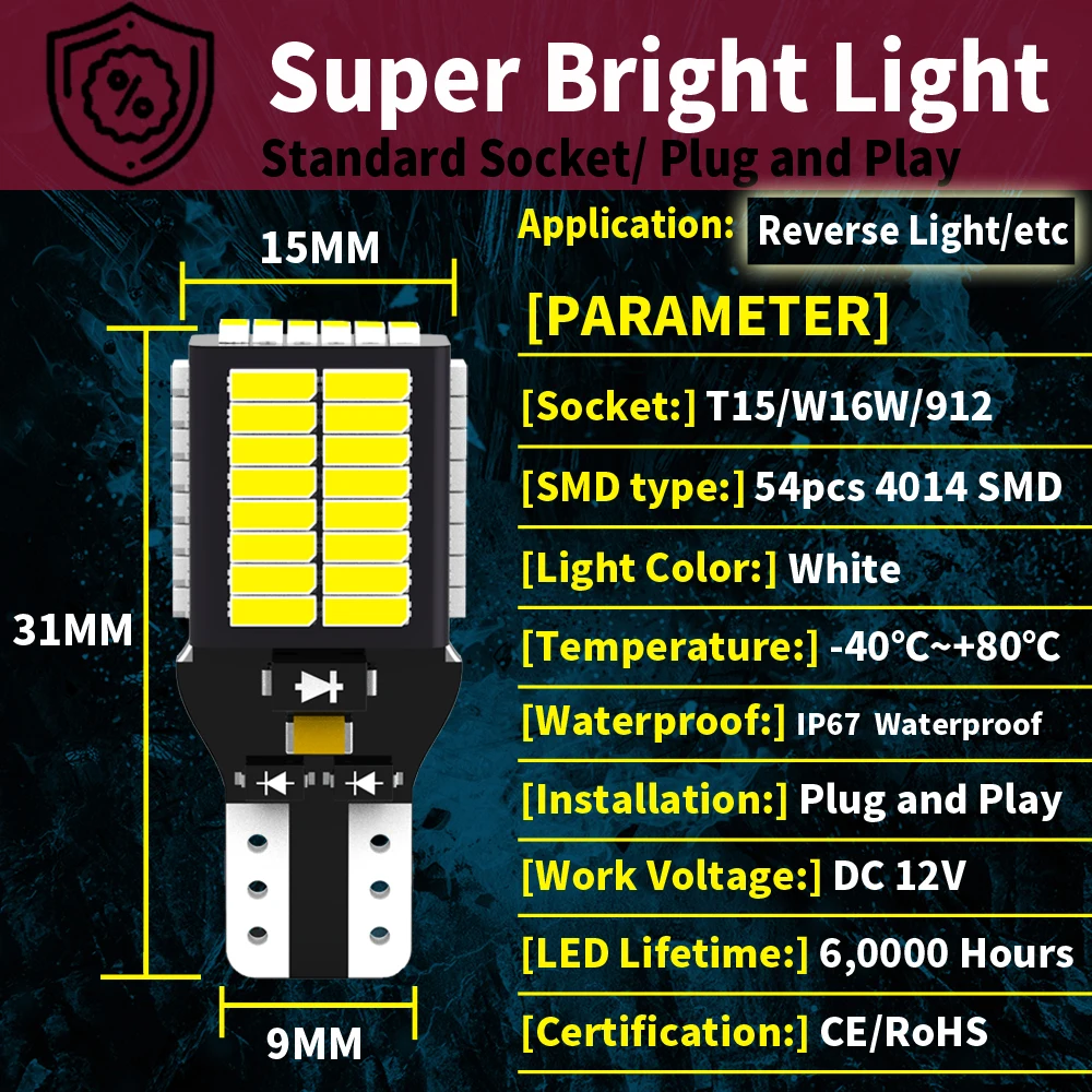 リバースライトLED電球,2個,w16w t15 921,カーライト用,12Vリアライト,ルノーメガーヌ4