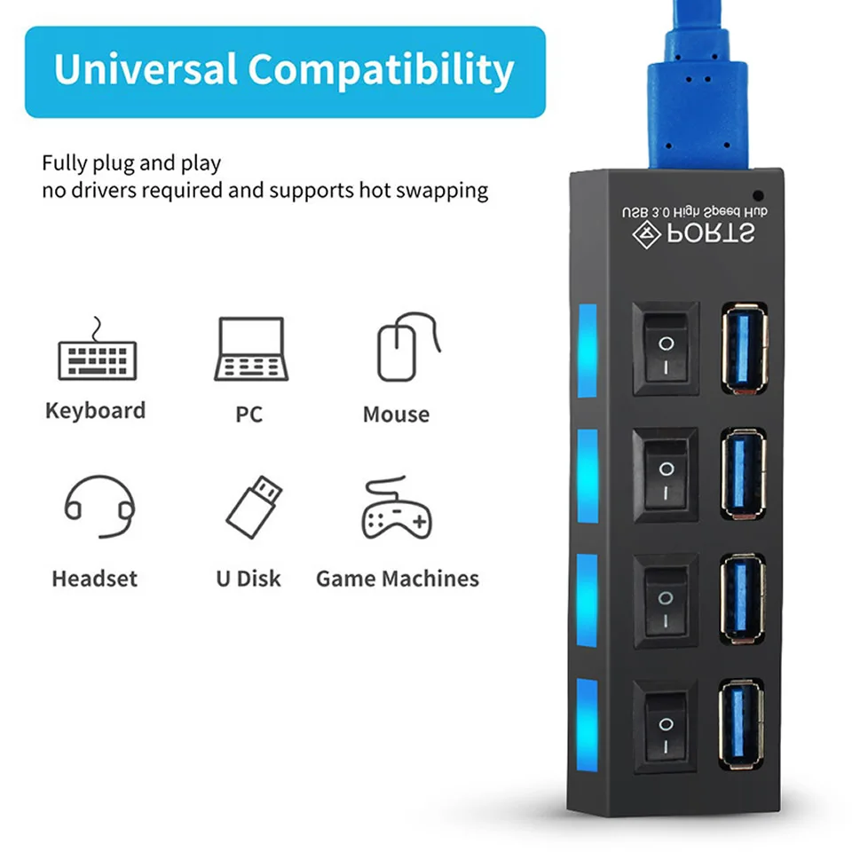 Répartiteur USB 3.0 airies 3.0 multi avec adaptateur secteur, prolongateur de 4 7 ports 2.0 Hab, accessoires informatiques pour ordinateur PC