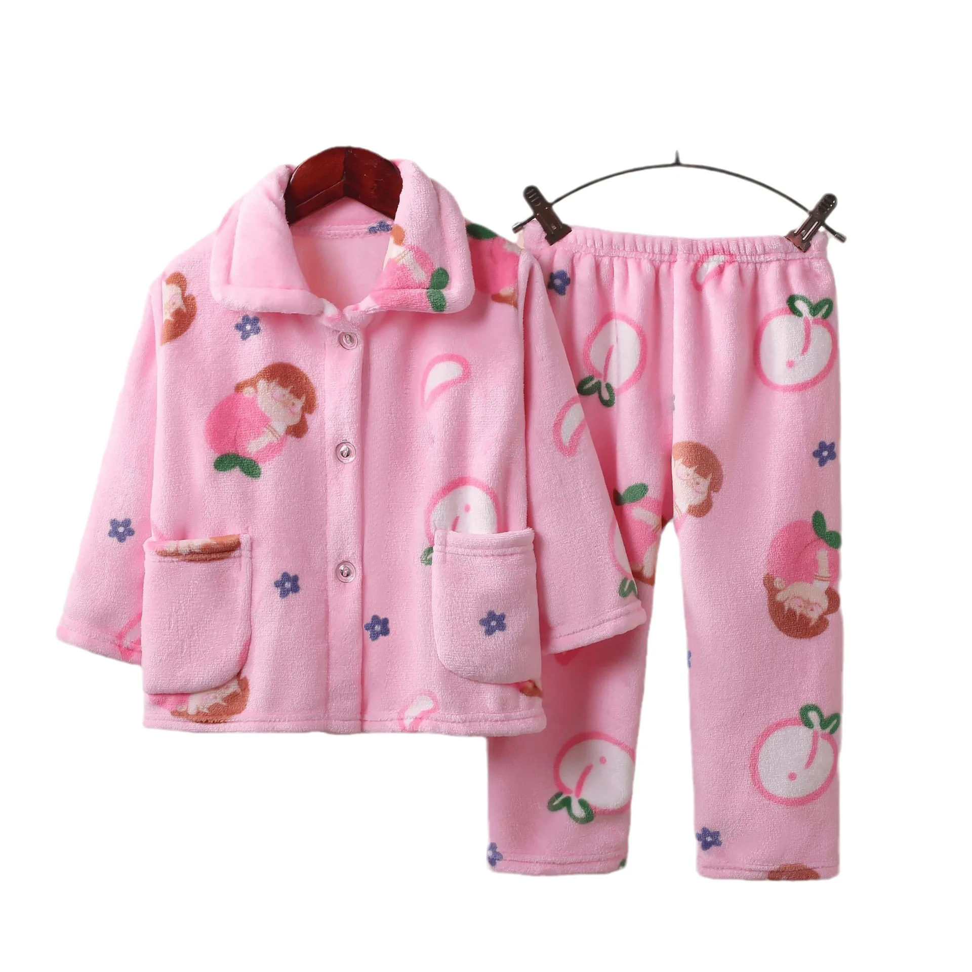 Girls' sleepwear long sleeved flannel children's sleepwear autumn and winter coral fleece boys' baby children's home Clothing se