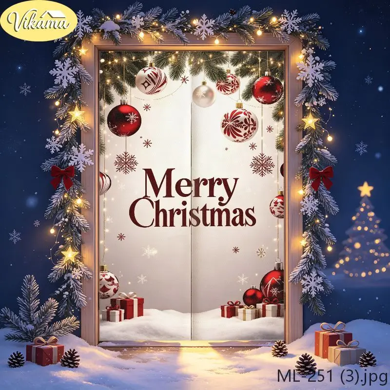 VIKAMA Christmas Red White Ornament Ball Door Curtain Beige Background Hanging Bauble Pine Branch Merry Text Snowflake Gift Soft