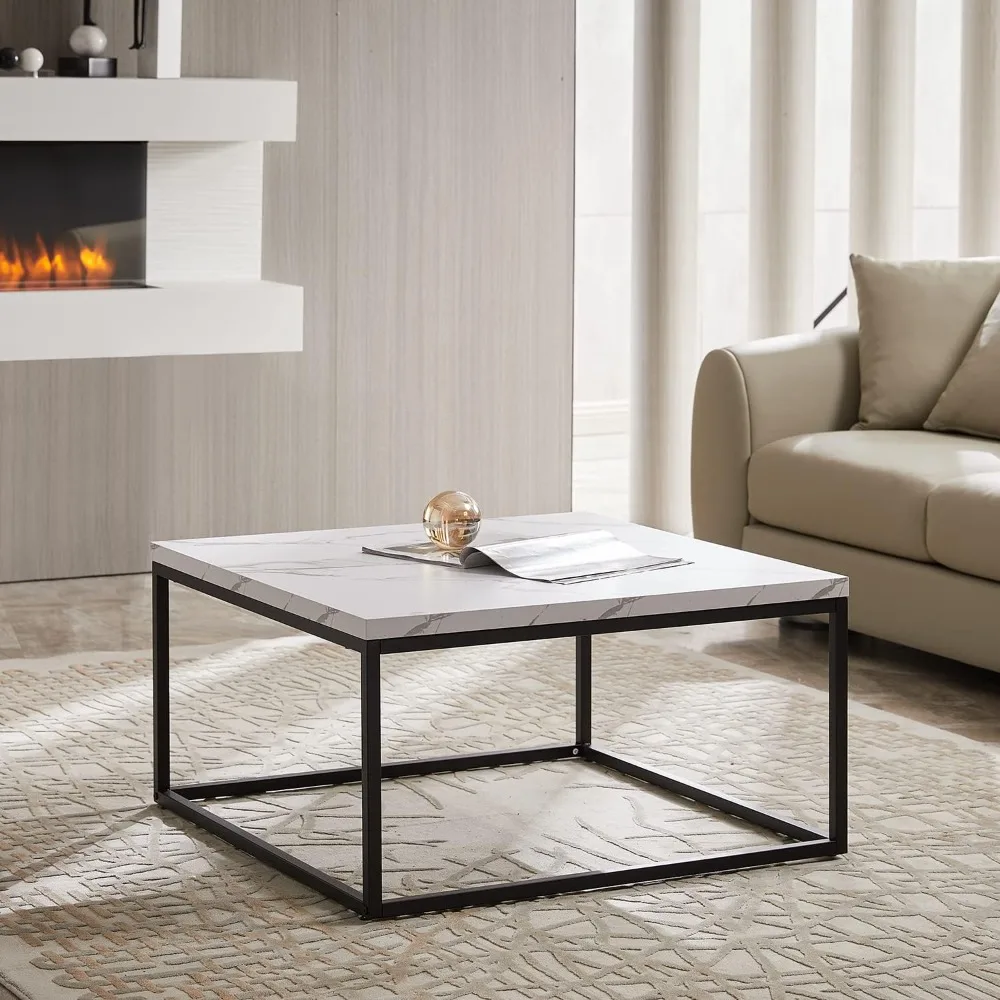 Nowoczesny industrialny stolik kawowy z marmurowym akcentem, rozmiar 30x30, gruba biała marmurowa blacha do salonu